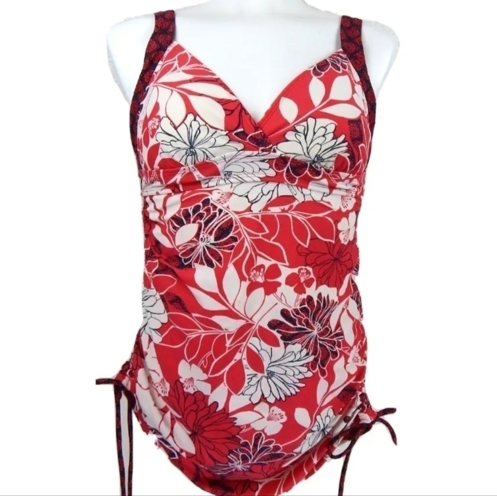 Athleta Red Floral Ruched Swim Dress